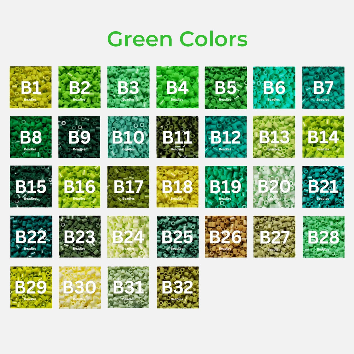 Full view of 2.6mm green colors tiny fuse beads refill pack showcasing multiple shades for DIY crafts and pixel art projects.