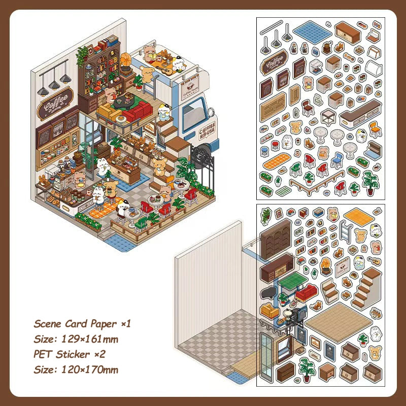 DIY handmade 2.5D scene sticker featuring a cozy café theme for creative projects.