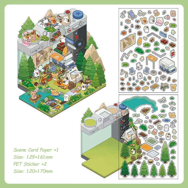 DIY handmade 2.5D scene sticker featuring a camping lodge theme for creative projects.