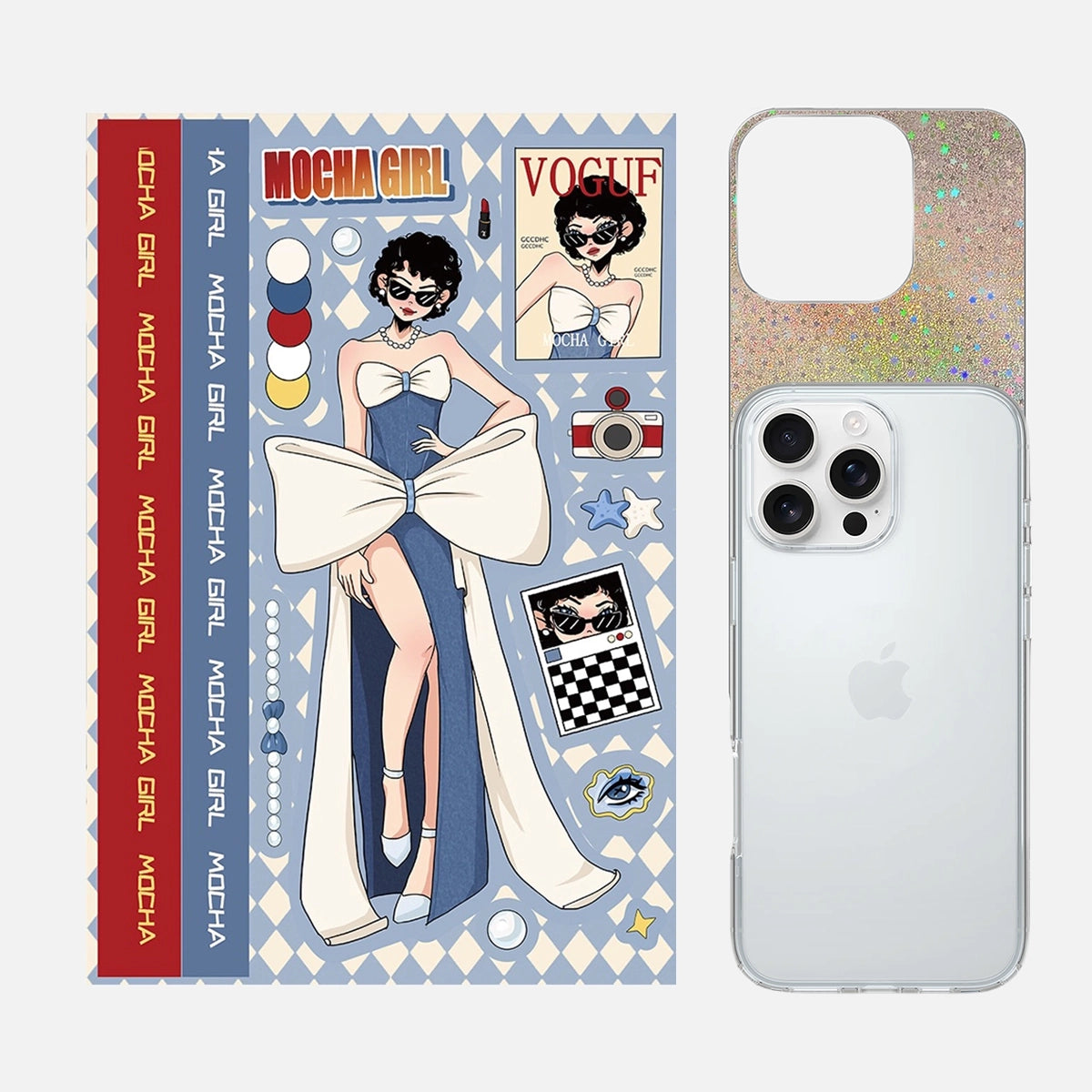 Complete 3-in-1 Y2K Large White Bow Mocha Girl phone case sticker kit with all components to create a unique and stylish phone case design.