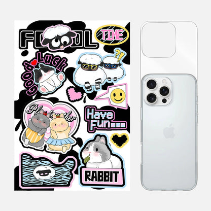 Complete 3-in-1 Kawaii Fluffy Sheep Bunny phone case sticker kit, featuring all the components needed to create an adorable phone case with a fluffy sheep and bunny design.