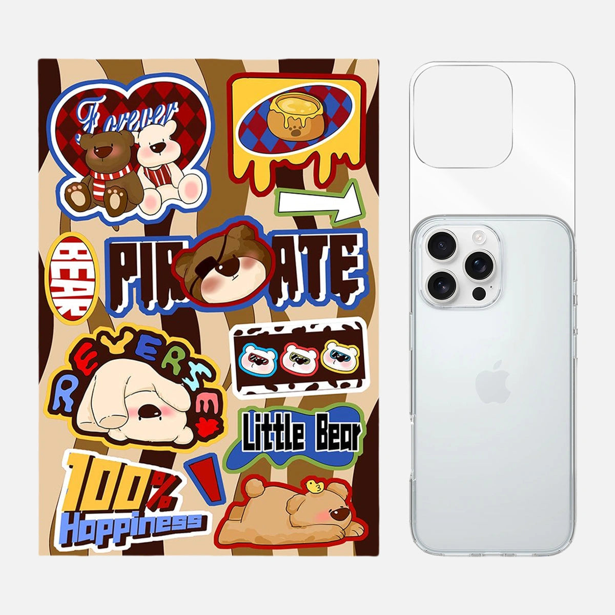 3-in-1 Kawaii Honey Bear Phone Case & Sticker Kit featuring a cute honey bear design with accessories for personalizing your phone case.