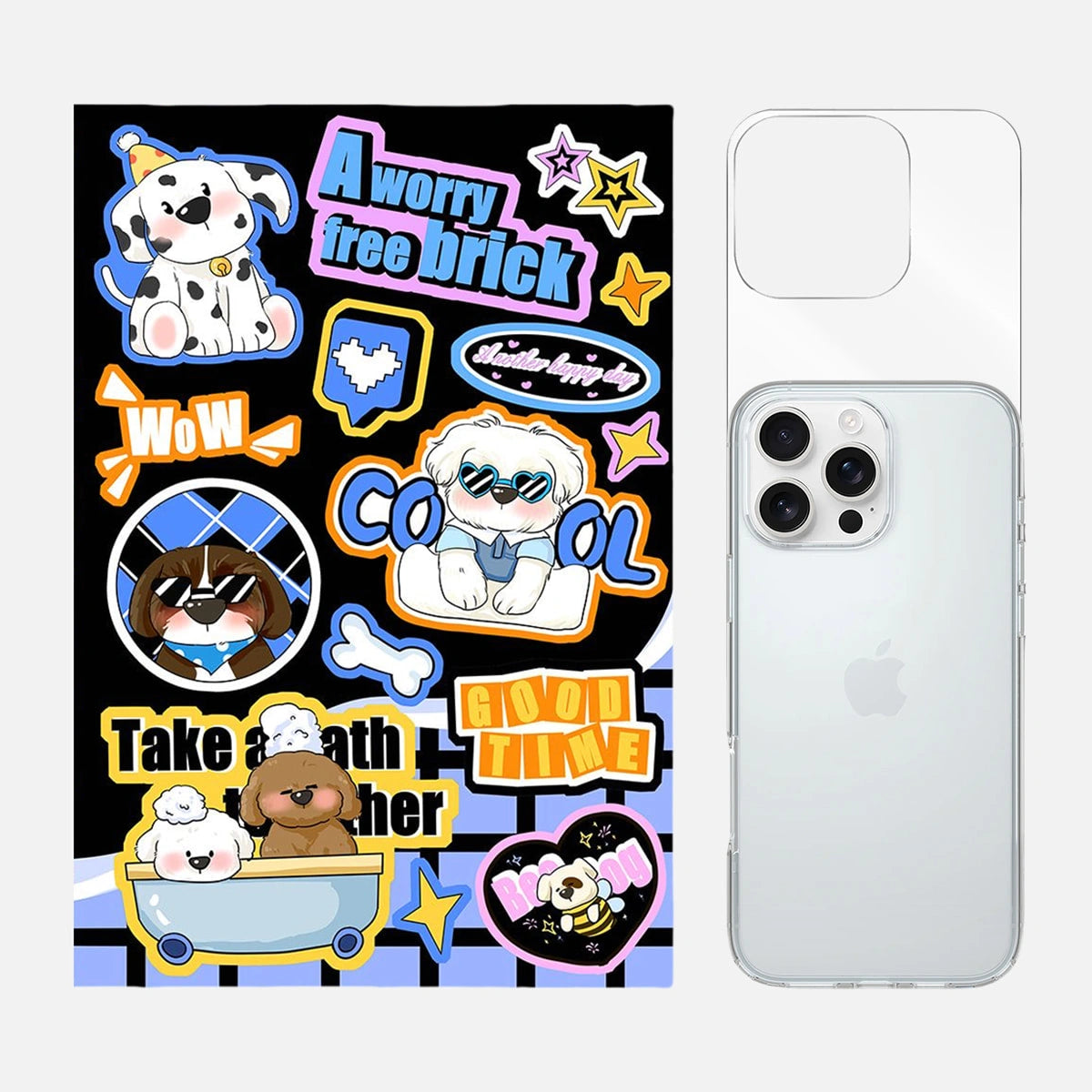 Complete 3-in-1 Kawaii Sunglasses Dog phone case sticker kit, featuring all the components needed to create a fun and personalized phone case design with a dog and sunglasses theme.