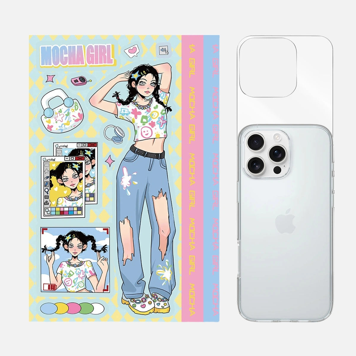 Complete 3-in-1 Y2K Blue Jeans Mocha Girl phone case sticker kit featuring stylish stickers, back card, and clear phone case for a trendy and unique phone design.