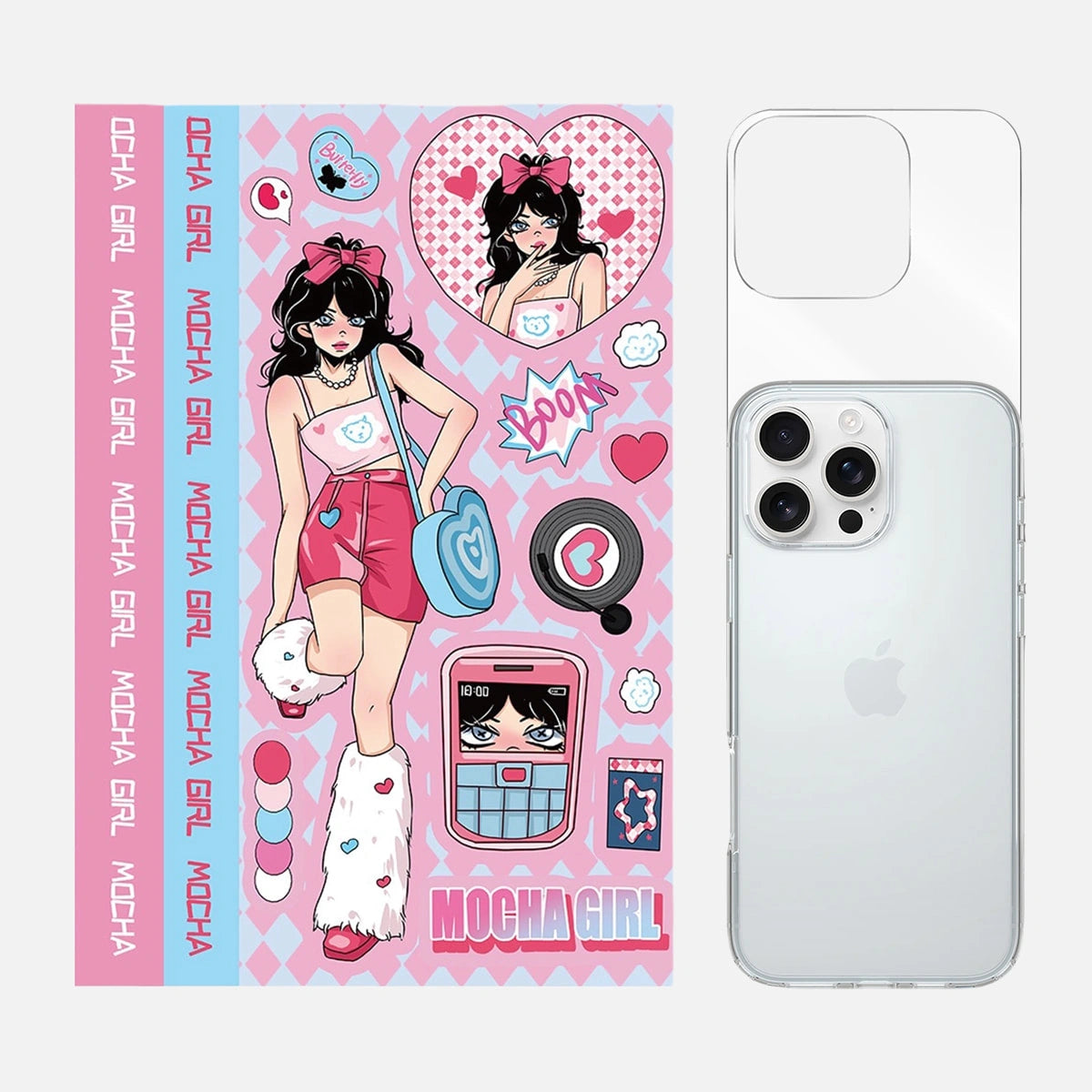 3-in-1 set Y2K Pink Mocha Girl phone case sticker kit featuring trendy stickers and accessories for customizing your phone case with a stylish mocha girl design.