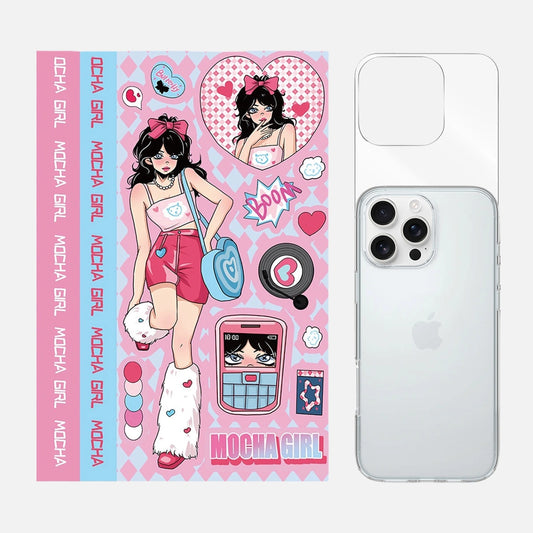 3-in-1 set Y2K Pink Mocha Girl phone case sticker kit featuring trendy stickers and accessories for customizing your phone case with a stylish mocha girl design.