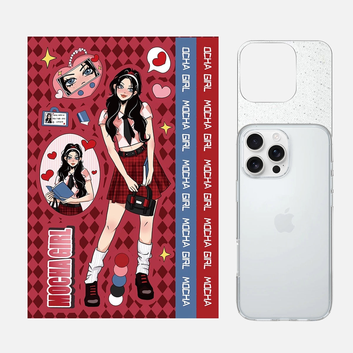 Complete 3-in-1 Y2K Red Skirt Bow Mocha Girl phone case sticker kit featuring all elements for creating a trendy and personalized phone case.