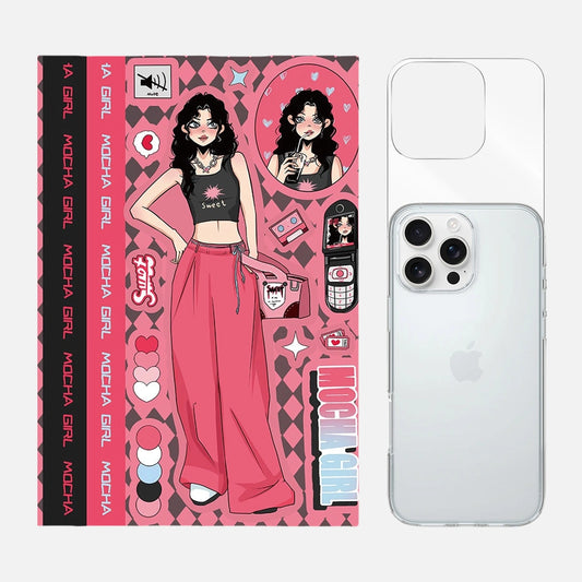 Complete 3-in-1 Y2K Red Sweet Mocha Girl phone case sticker kit, featuring all the components needed to create a sweet and trendy phone case with a mocha girl design.