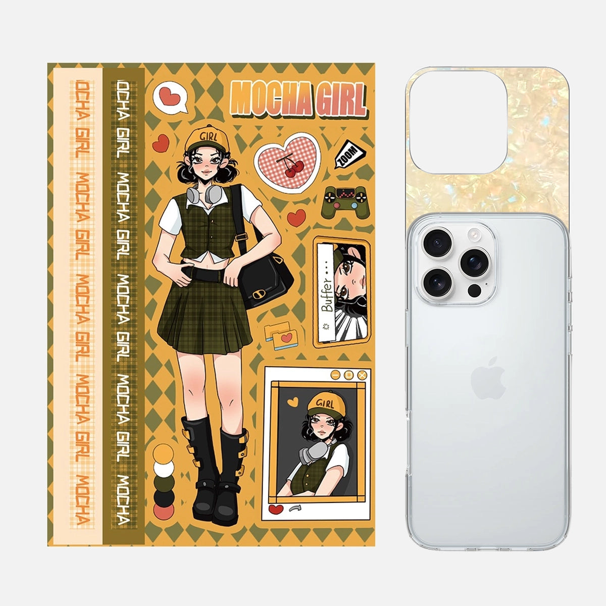 Complete 3-in-1 Y2K Yellow Hat Mocha Girl phone case sticker kit featuring all components for creating a personalized phone case.