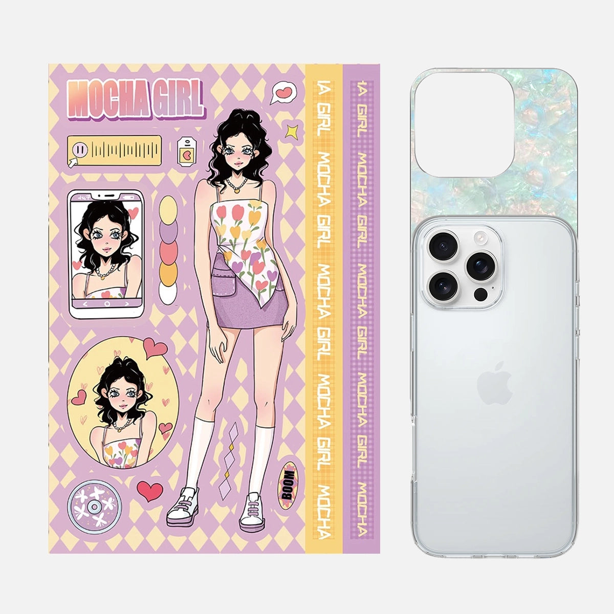 Complete 3-in-1 Y2K Purple Floral Mocha Girl phone case sticker kit, including everything you need to create a unique and trendy phone case design.