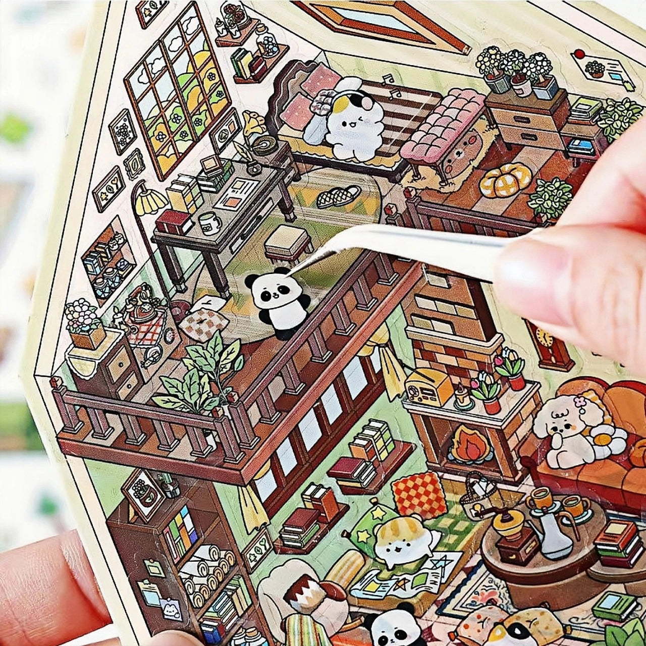 3D Layered House Scene Stickers – Close-up View of Modern Style & Cartoon Animals Design