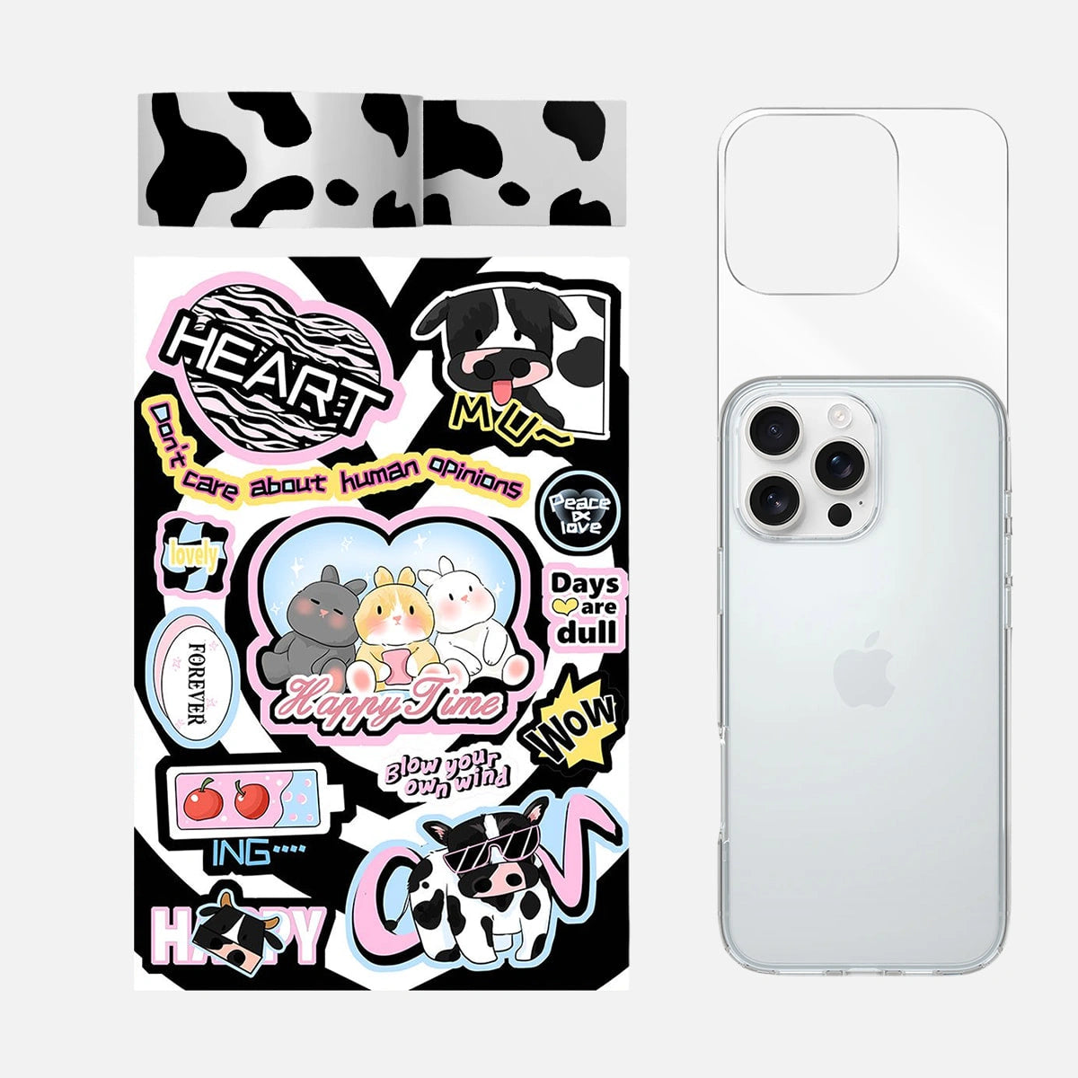 Complete 4-in-1 Kawaii Cow Bunny phone case sticker kit, featuring all the components needed to create an adorable phone case with cow and bunny designs.