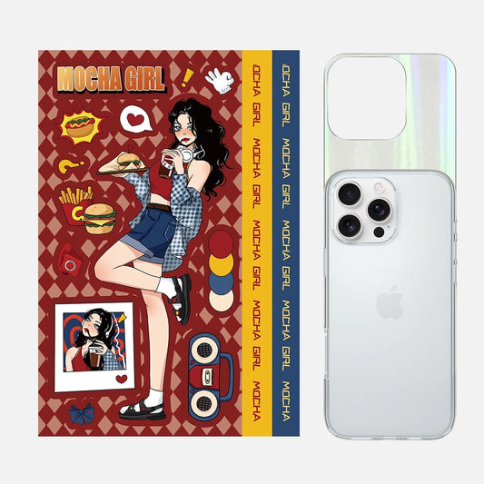 Complete 3-in-1 Y2K Red Burger Mocha Girl phone case sticker kit, featuring all components for a trendy and customized phone case design.