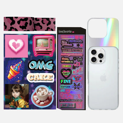 5-in-1 Y2K Laser Phone Case Sticker Kit with a variety of stickers and accessories to create trendy and unique phone case designs.