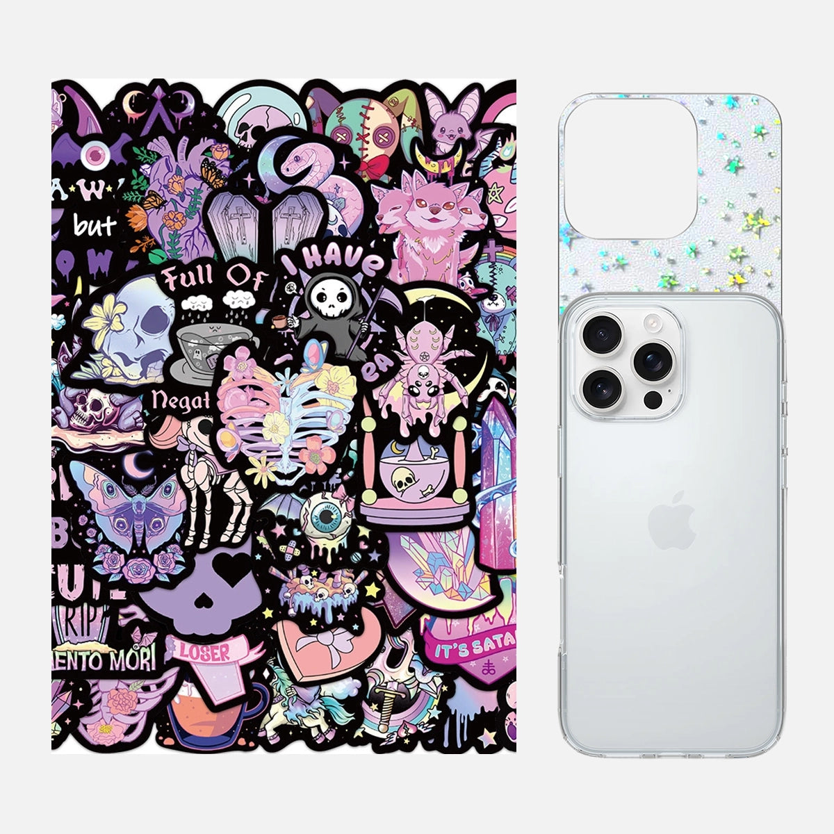 Complete 3-in-1 Pink & Purple Gothic phone case sticker kit, featuring all components to create a unique and stylish gothic-inspired phone case.