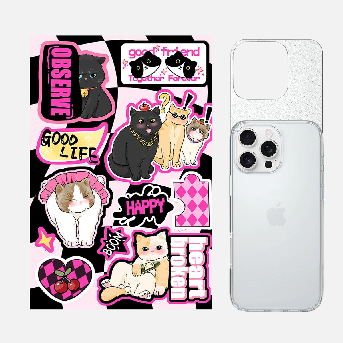 Complete 3-in-1 Kawaii Necklace Cat phone case sticker kit, featuring all components to create a charming and customized phone case design.