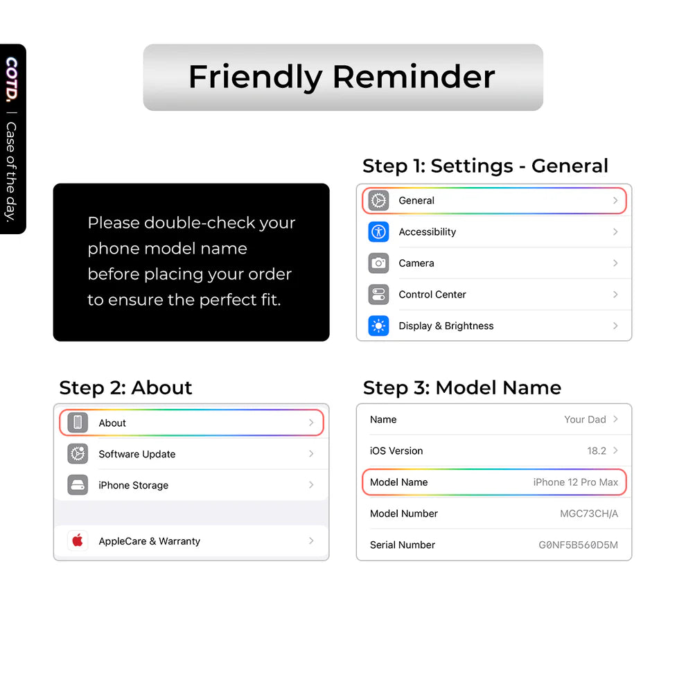 iOS device model identification guide: Navigate to Settings > General > About for model name/code