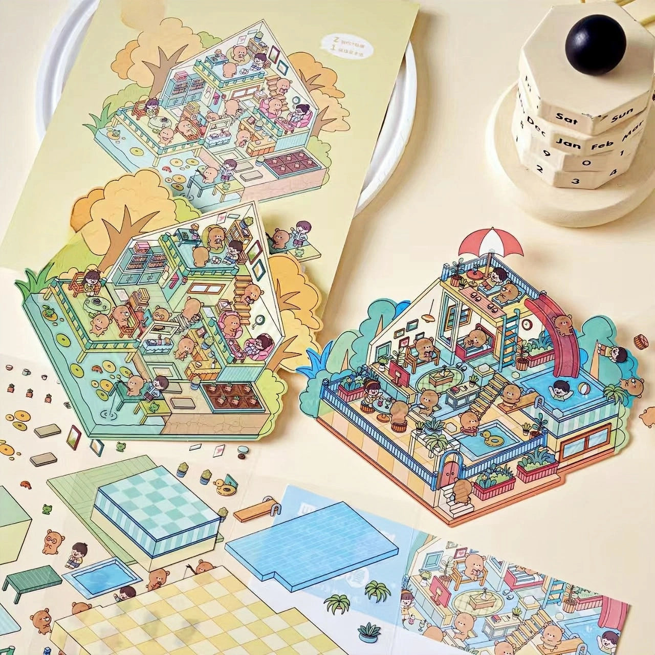 Close-up detail of the handmade 3D layered DIY Four Seasons Cottage Scene Stickers.