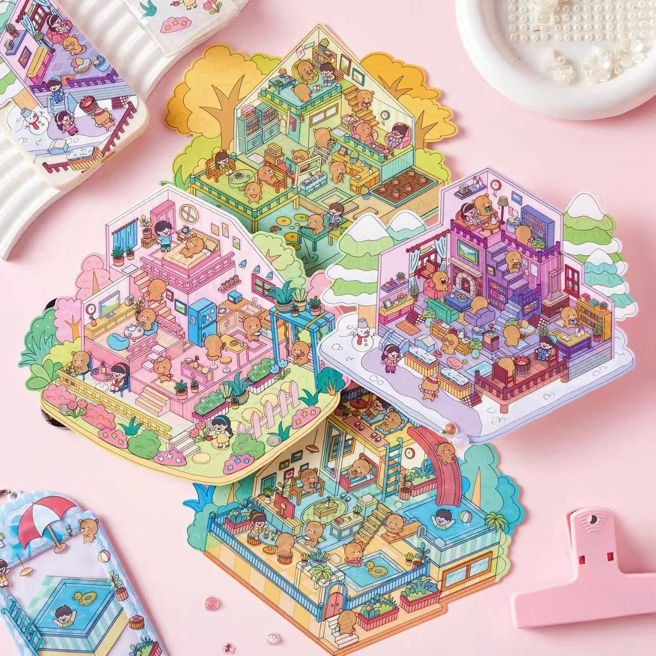 Complete set of handmade 3D layered DIY Four Seasons Cottage Scene Stickers, perfect for seasonal crafts.