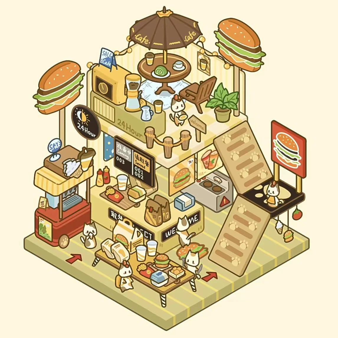 Cat Burger Shop 3D Scene Sticker – DIY Miniature Sticker for Scrapbooking & Crafting