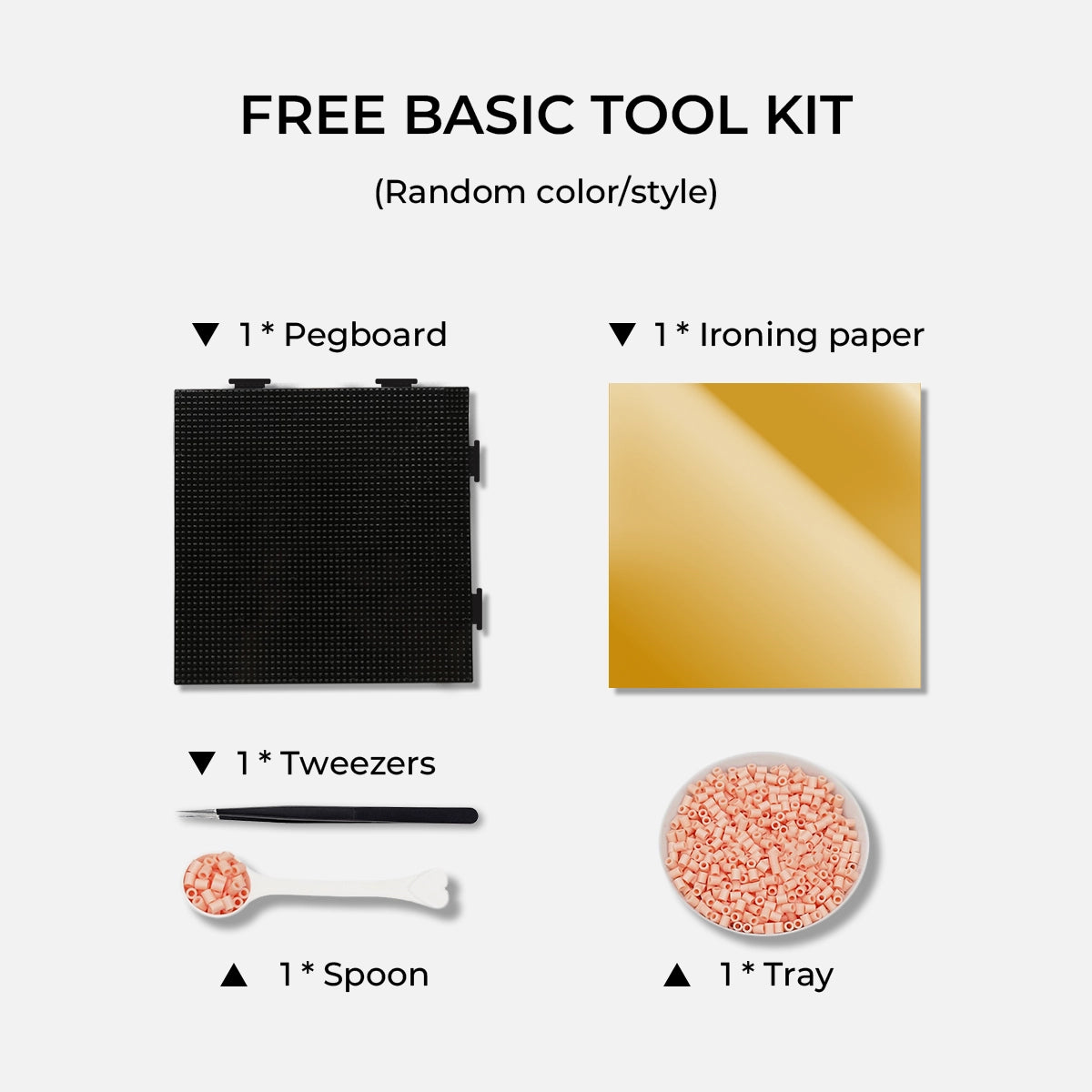 Free Basic Tool Kit for Tiny Fuse Beads, includes Pegboard, Ironing Paper, Tweezers, Spoon, and Tray.