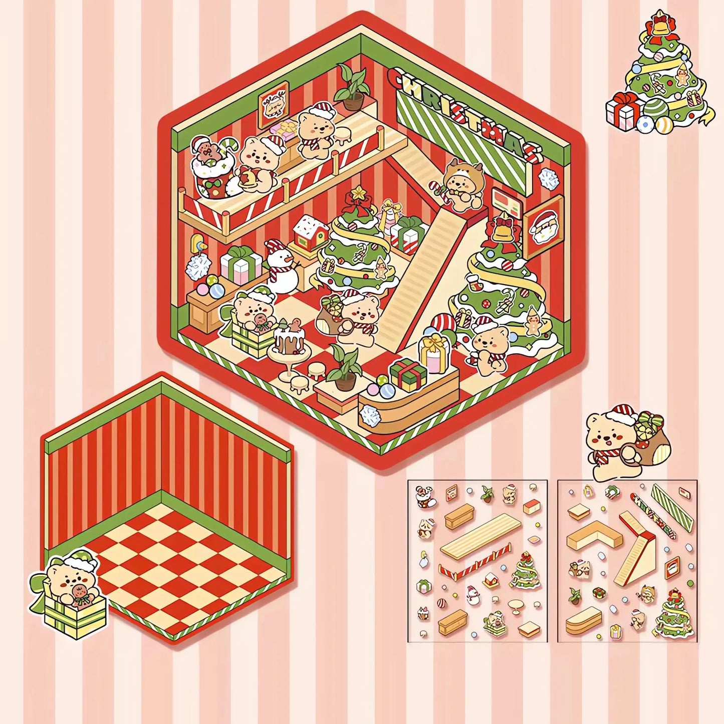 DIY layered 3D scene sticker with a bear Christmas theme in Korean cartoon style.