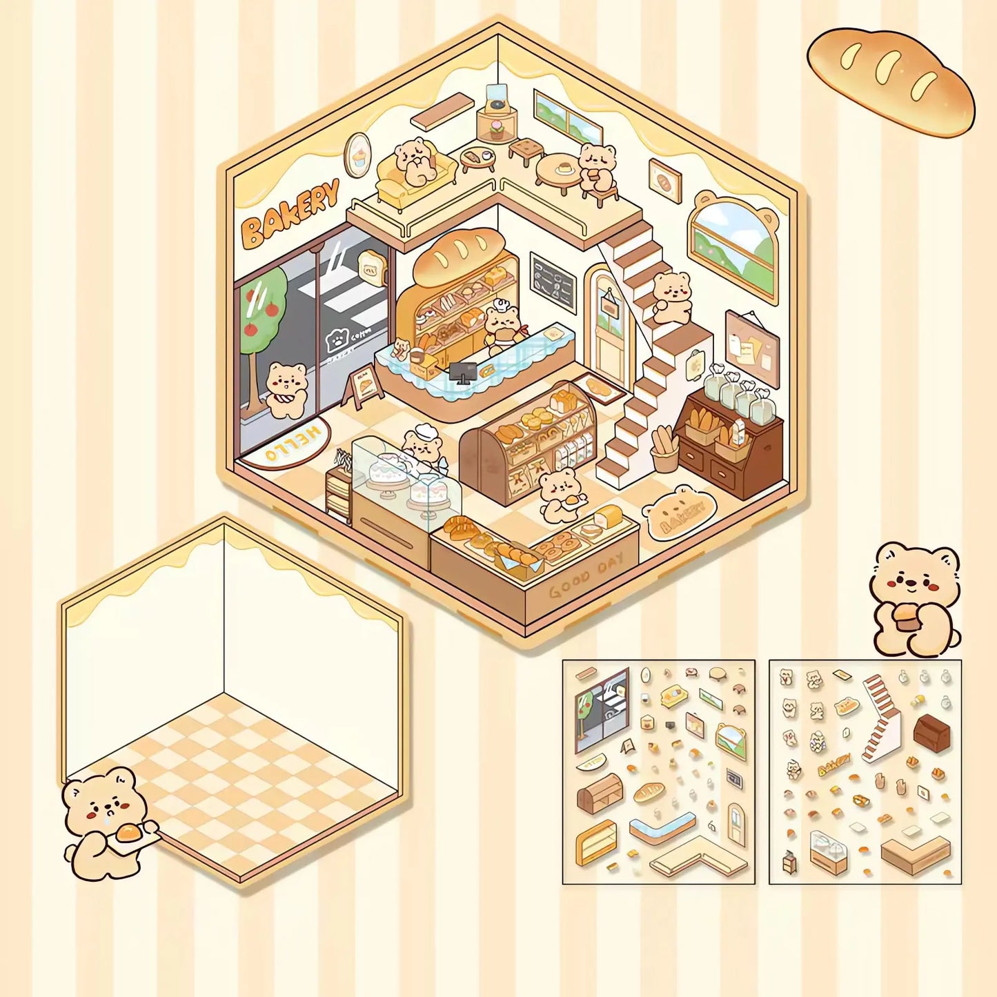 DIY layered 3D scene sticker with a bread shop theme in Korean cartoon style.