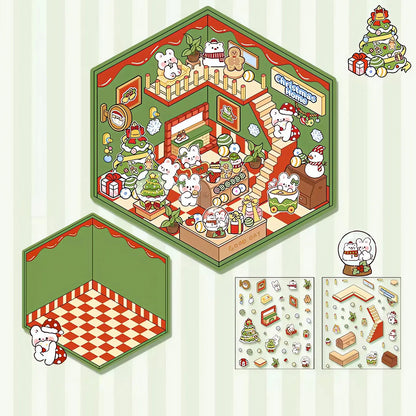 DIY layered 3D scene sticker with a bunny Christmas theme in Korean cartoon style.