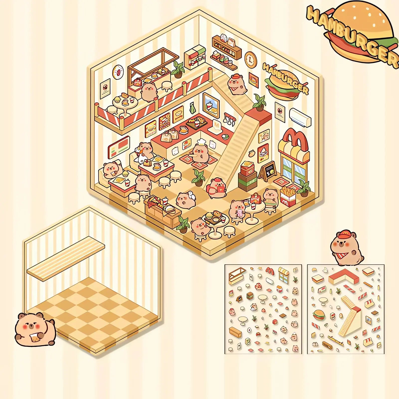 DIY layered 3D scene sticker with a fast food shop theme in Korean cartoon style.