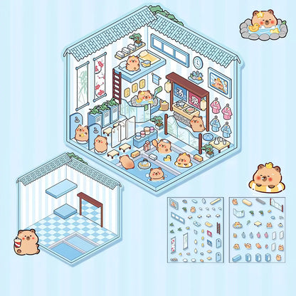 DIY layered 3D scene sticker with a hot spring theme in Korean cartoon style for creative projects.