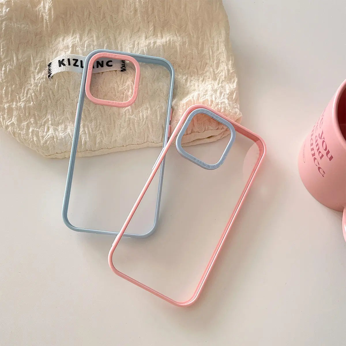 Pastel macaron color block phone case featuring a bold contrast frame, perfect for a trendy and minimalist aesthetic.