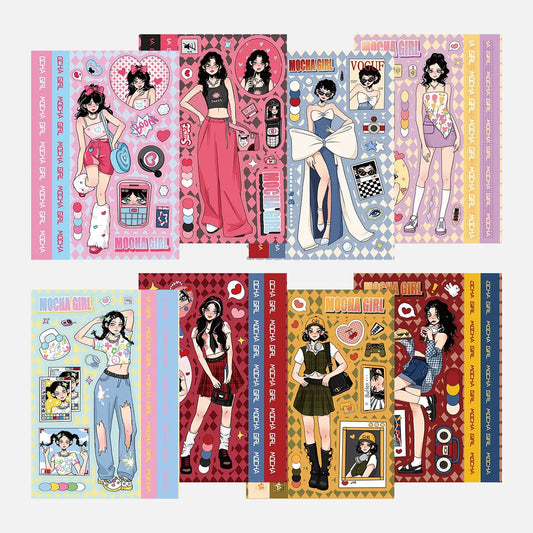 8 Sets Mocha Girl DIY Stickers in Y2K style, featuring vibrant designs for creative phone case customization.