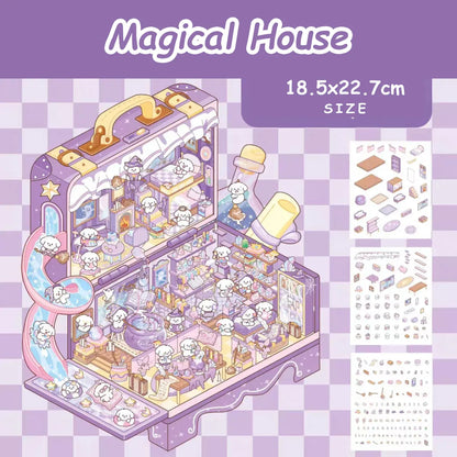 Mystery Treasure Chest DIY layered 3D scene sticker with a magical house theme for enchanting designs.