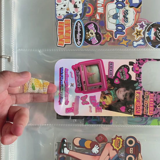 Video tutorial for the Y2K Laser Phone Case Sticker Kit, demonstrating how to apply stickers, washi tape, and the back card to customize your phone case.