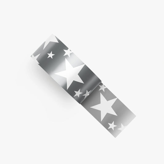 Silver Star Washi Tape featuring a shiny silver star pattern, perfect for decorating notebooks, journals, and craft projects.