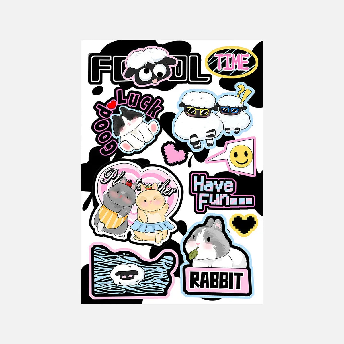 Sweet and edgy kawaii animal stickers featuring a bunny and sheep design with black and white base and accents, perfect for adding a cute yet bold touch to your DIY crafts and accessories.