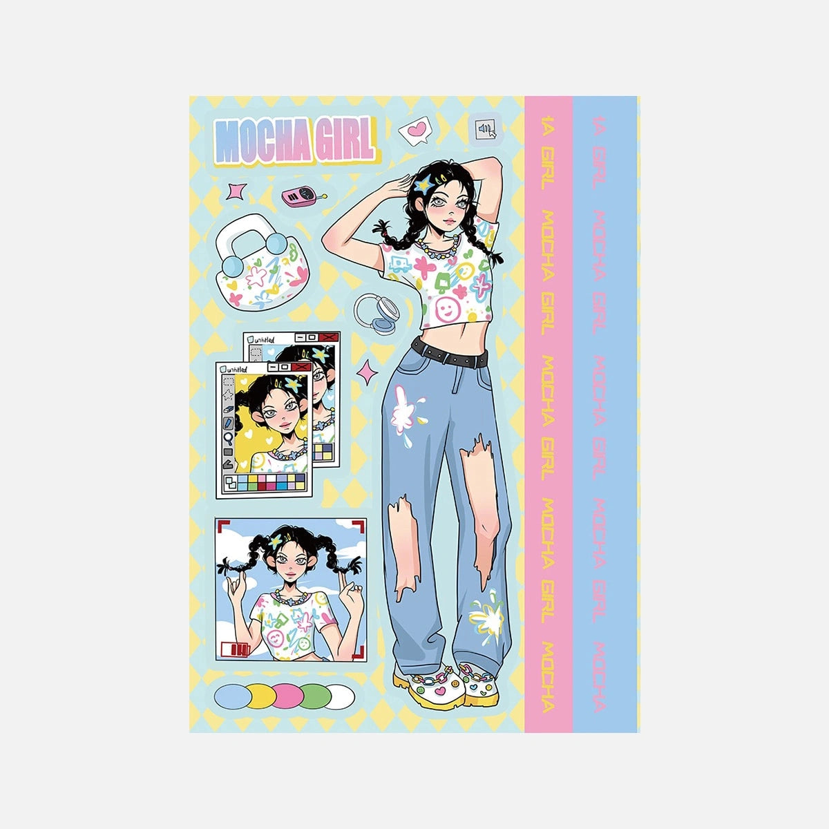 Y2K Blue Jeans Mocha Girl phone case sticker set, featuring fashionable stickers with blue jeans and mocha girl designs, perfect for customizing your phone.