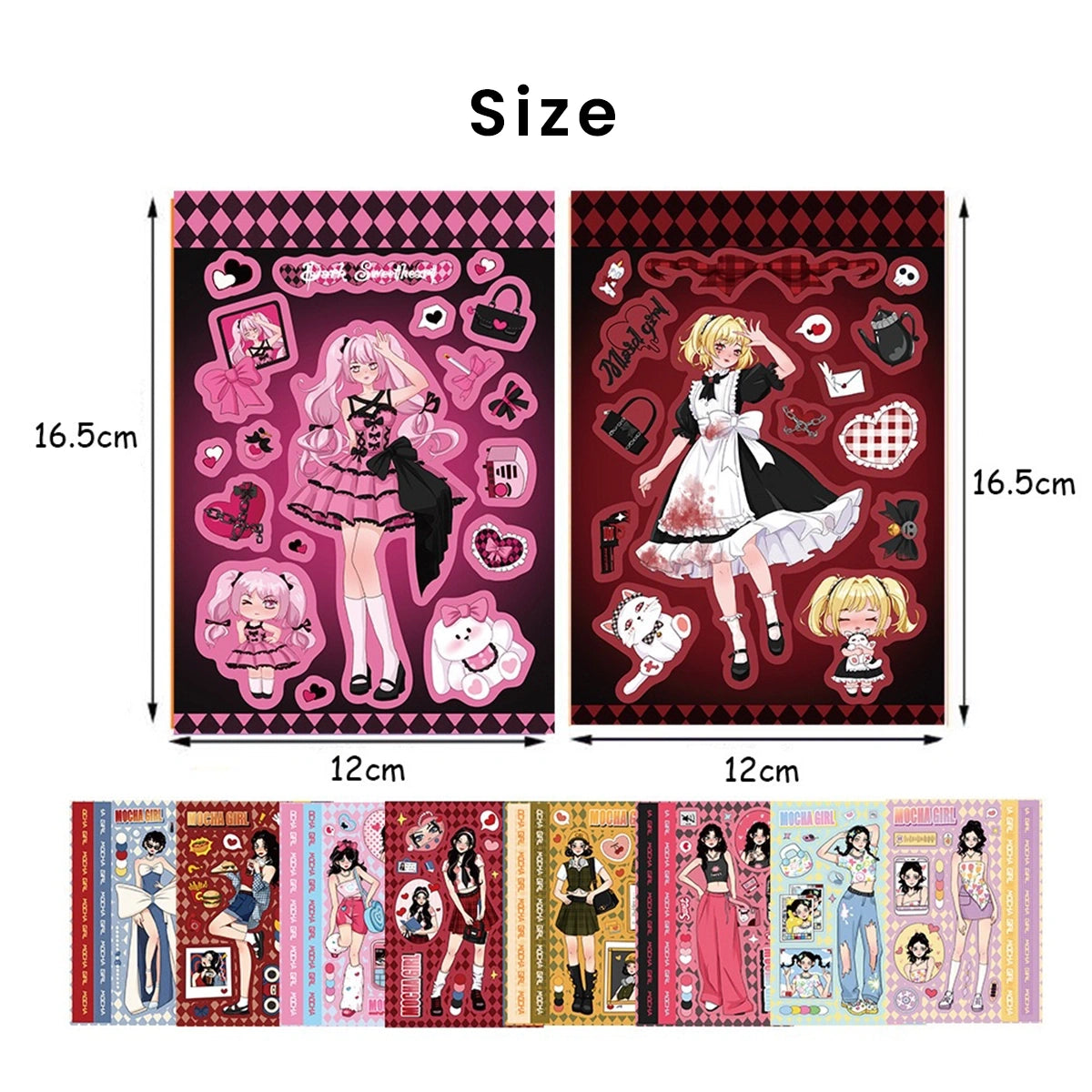 Size comparison of Y2K Blue Jeans Mocha Girl phone case stickers, providing the exact dimensions for easy application and customization.