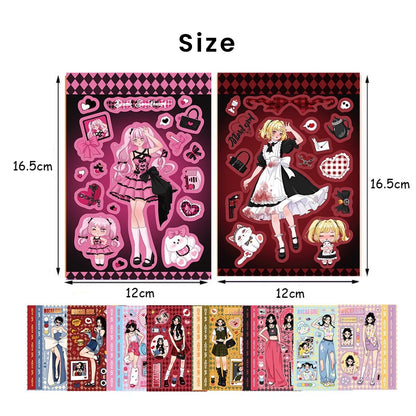 Size comparison of Y2K Purple Floral Mocha Girl phone case stickers, providing dimensions for easy application and customization.