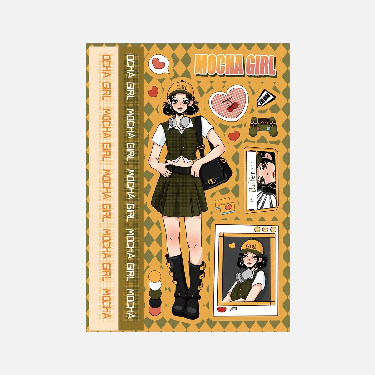 Y2K Yellow Hat Mocha Girl phone case sticker set, featuring vibrant stickers for creative phone customization.